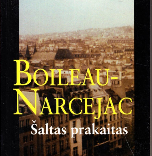 Cover of a detective novel by Boileau-Narcejac entitled "Šaltas prakaitas", which means "cold sweat" in Lithuanian. The image depicts a misty view over the rooftops of a European city with a grey wintry sky.