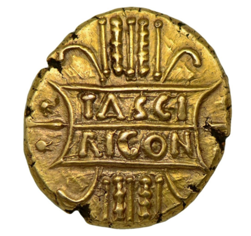 Gold coin of the Ancient British king Tasciovanos, from a numismatic website. The inscription reads TASCI (short for Tasciovanos) RICON. 
