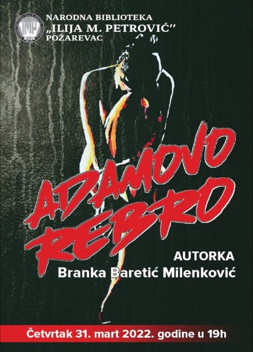 Book cover of "Adamovo Rebro" (Adam's Rib) by Branka Baretić Milenković. The illustration shows a silhouette of a hunched-up human figure, head bent down to one knee, with the wording of the title superimposed in bold red letters.