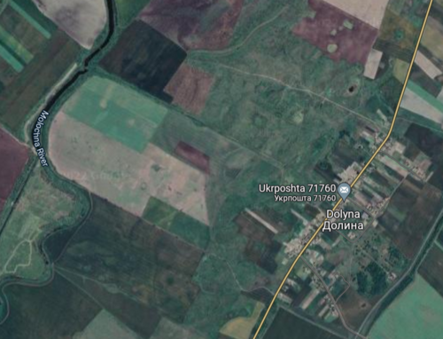 Dolyna/Долина, in the valley ("dale") of the Molochna River, Zaporizhia Oblast, Ukraine. Image from Google Maps.
