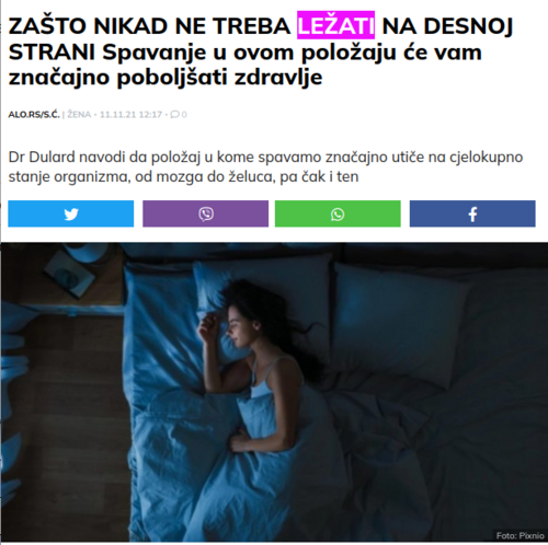 Photo of a person lying down in a bed, clipped from an article in a Bosnian online magazine, Alo! The article title, “Zašto nikad ne treba ležati na desnoj strani”, means “Why you should never lie on your right side”.
