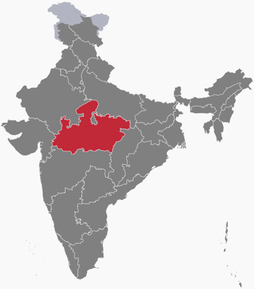 A map showing the states of India, with the state of Madhya Pradesh, lying in the centre of India, picked out in red.Image source: Wikimedia Commonshttps://hi.wikipedia.org/wiki/%E0%A4%AE%E0%A4%A7%E0%A5%8D%E0%A4%AF_%E0%A4%AA%E0%A5%8D%E0%A4%B0%E0%A4%A6%E0%A5%87%E0%A4%B6#/media/%E0%A4%9A%E0%A4%BF%E0%A4%A4%E0%A5%8D%E0%A4%B0:IN-MP.svg