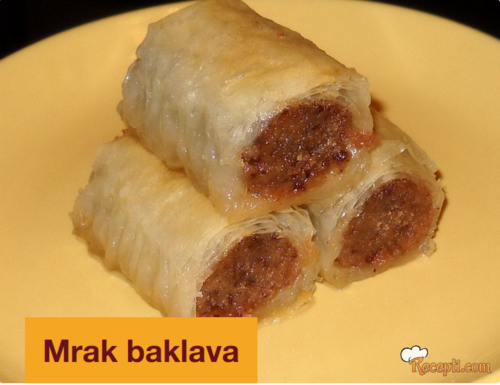 Photograph of three pieces of dark baklava (in Bosnian-Croatian-Serbian "mrak baklava")