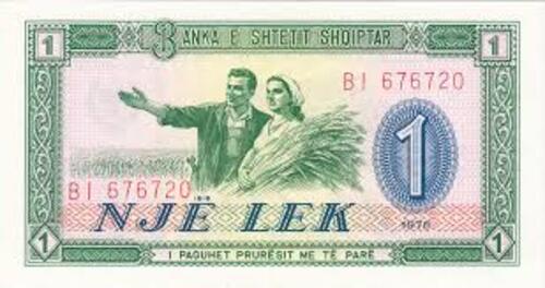An Albanian banknote bearing the text "Një Lek", meaning "One Lek".
