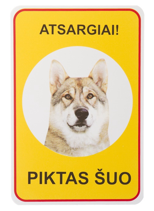 Sign depicting a guard dog, with text in Lithuanian meaning "Caution, fierce dog"