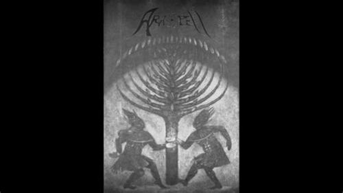 Opening title from YouTube video by Armenian folk-rock band Araspel. Two figures in medieval armour standard either side of a figurative tree, above which is written "ARA - PELL" (the medial S for some reason missing).