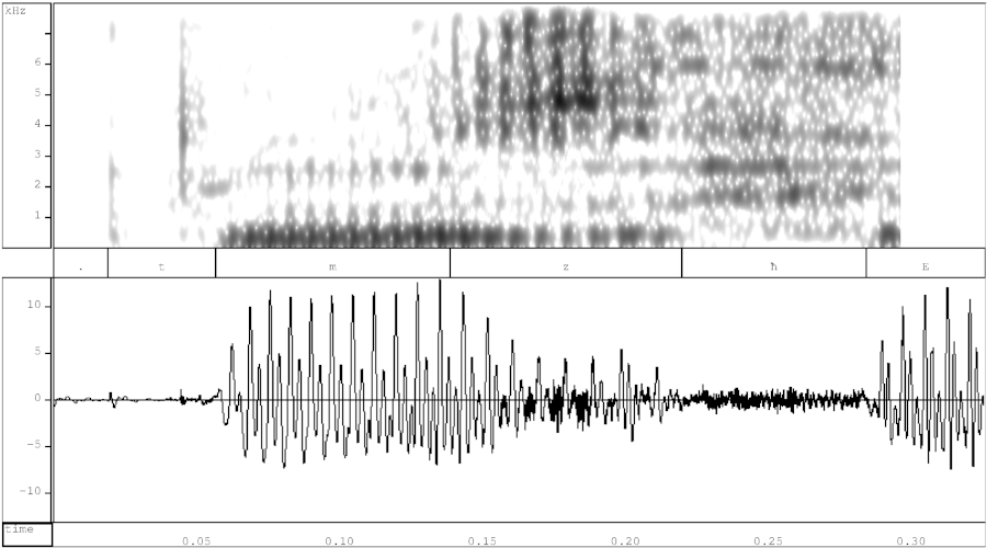 Spectrogram and waveform of Tashlhit Berber tmzH, as spoken by Mohamed Elmedlaoui