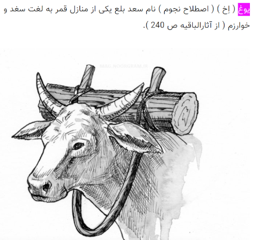 Drawing of an ancient kind of yoke fixed to the head of a bovine, with Persian text above that means "Yogh (Akh) (an astronomical term) is the name of Saad Bala, one of the houses of the moon in Soghd and Khwarazm words (from Athar al-Baqiyeh, p. 240)". The first (rightmost) Persian word "yogh" is highlighted.