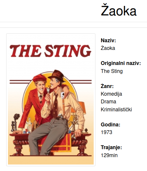 Poster for the 1973 movie "The Sting", listed on Serbian TV channel "Aladin" with the Bosnian-Croatian-Montenegrin-Serbian translated title "Žaoka"